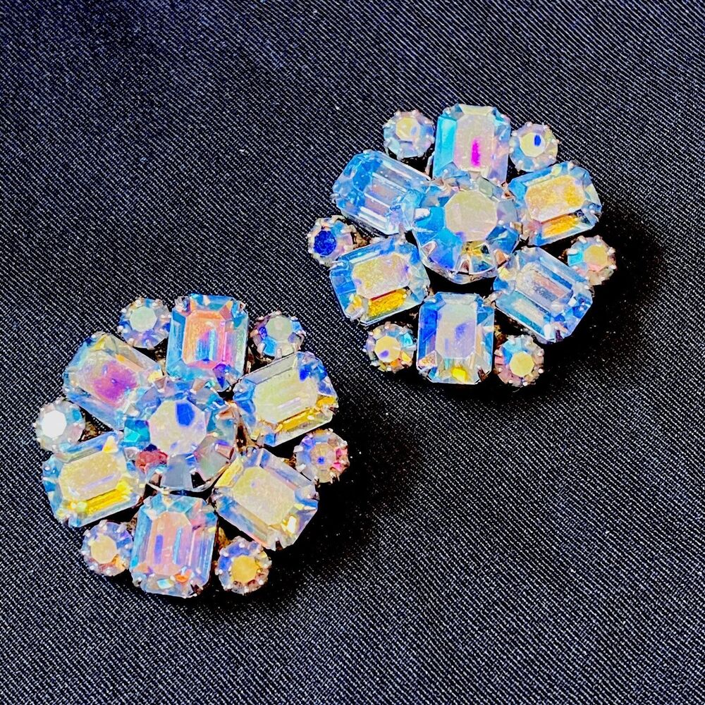 Vintage Coro AB Aurora Borealis Earrings Baby Blue Rhinestone Clip On Statement
